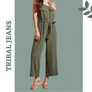 Tribal Crinkle Gauze Jumpsuit Button Front Tie Waist Fern Green Size XS